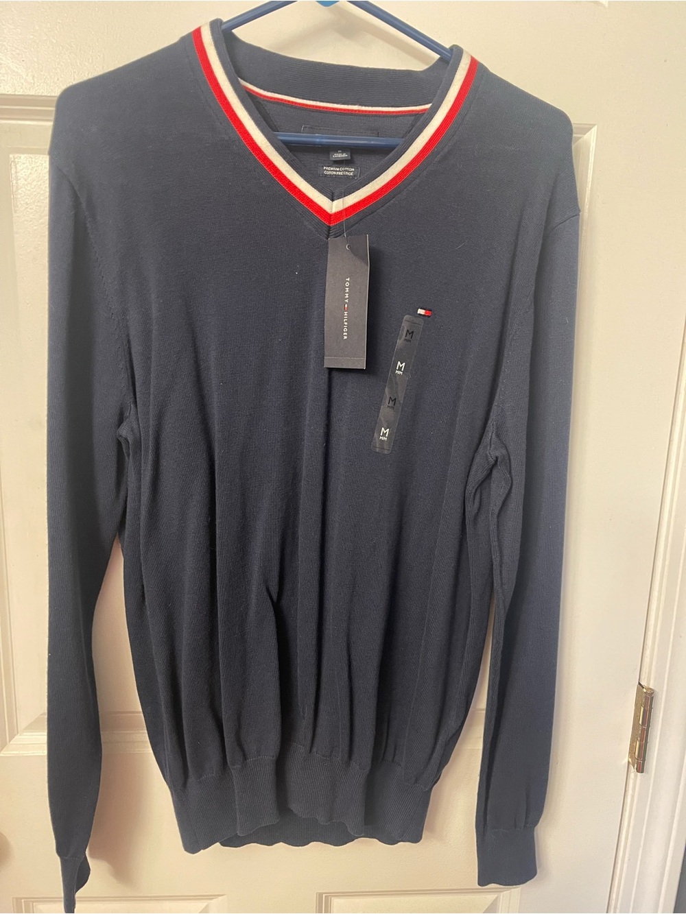 Tommy Hilfiger Navy V-Neck Sweater with Red & White Trim